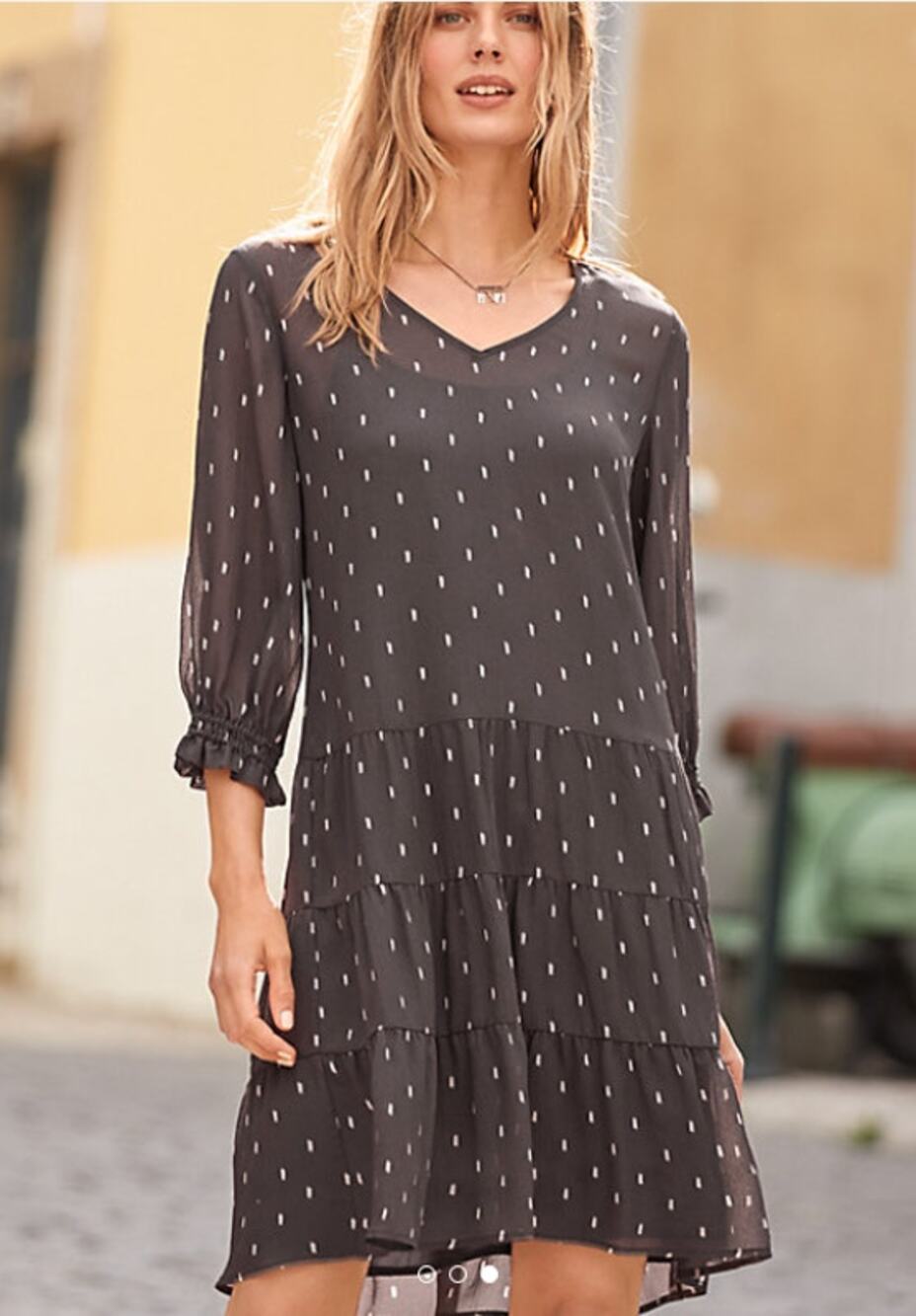 Garnet Hill Tiered Silk Dress Gray Brown with White spots 4 Contemporary